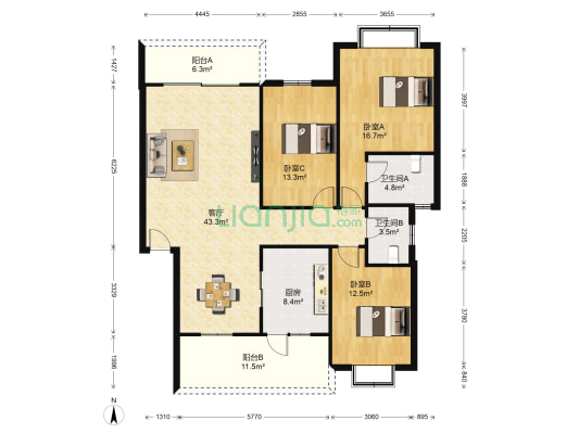 江安花园 3室1厅2卫 132平方