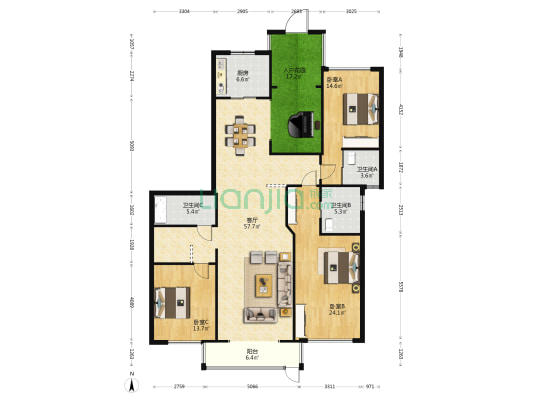 骧龙国际沁园 3室1厅3卫 380平方