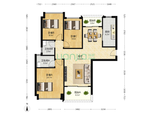 合生湖山国际5期峰荟 3室1厅2卫 111平方