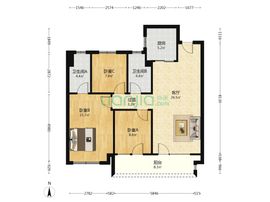 烟台芝罘吾悦广场 3室1厅2卫 106平方