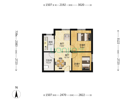 京东紫晶 2室1厅 57.86平米-户型图