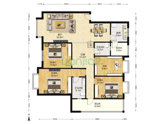 京龙名苑 4室1厅2卫 140平方