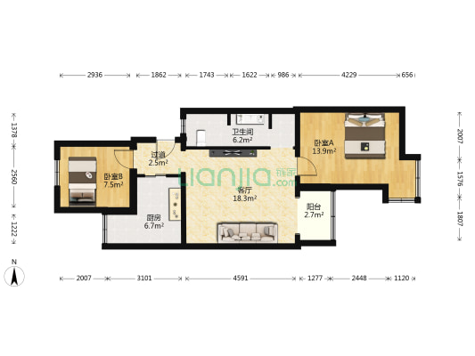 北三环中路46号院 2室1厅1卫 74平方
