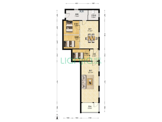 话剧团宿舍 3室2厅1卫 107平方
