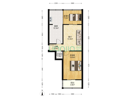 止园饭店家属院 2室1厅1卫 67平方