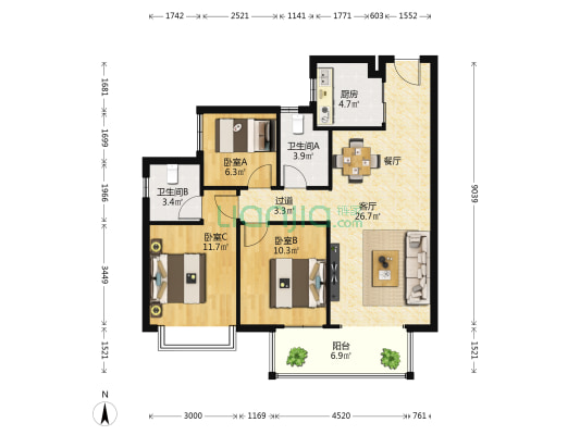 龙光玖誉城珺城 3室1厅2卫 97平方