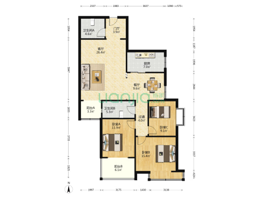 天骊太白苑 3室2厅2卫 134平方