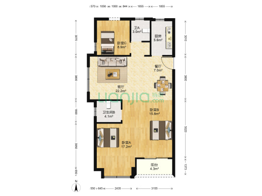 天瑞峰景里 3室2厅2卫 104平方