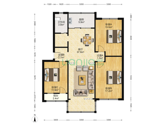 锦桥路65号 3室1厅1卫 116平方