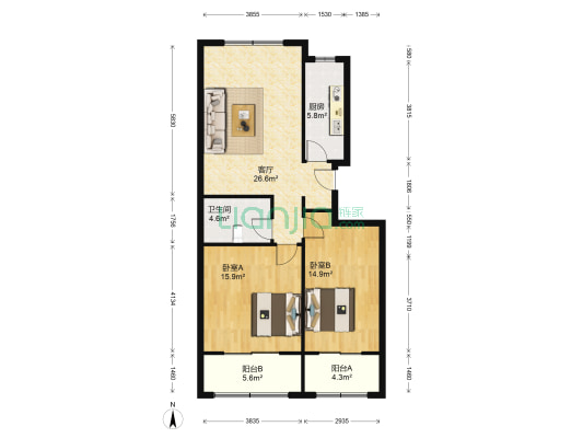 龙昌新座中央公馆 2室1厅1卫 96平方
