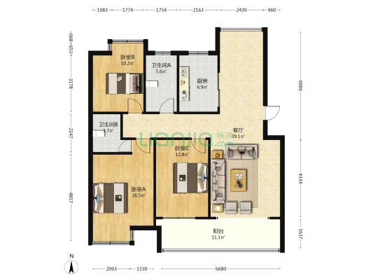 丰泽园 3室1厅2卫 126平方