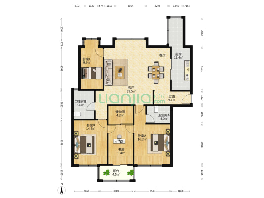 开来华府 4室1厅2卫 159平方