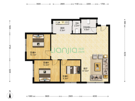 清华小区 3室1厅2卫 130平方