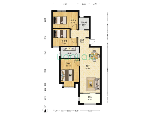 恺德·瑜园 3室1厅1卫 88平方
