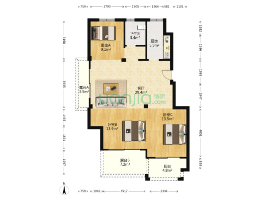 水岸阳光 3室1厅1卫 96平方