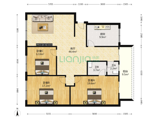 金马路二段138号 3室1厅2卫 135平方