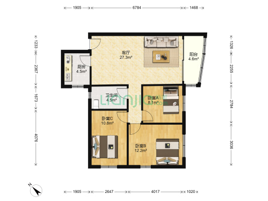 惠名花园 3室1厅1卫 89平方