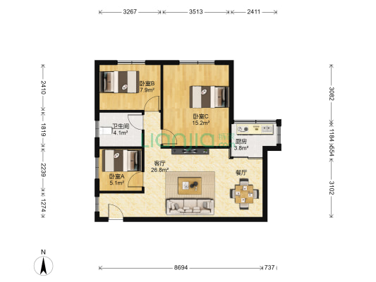 翠怡花园 3室1厅1卫 76平方