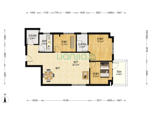 启辉花园 3室1厅2卫 88平方