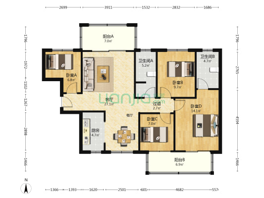 新长海玖龙台 4室1厅2卫 127平方