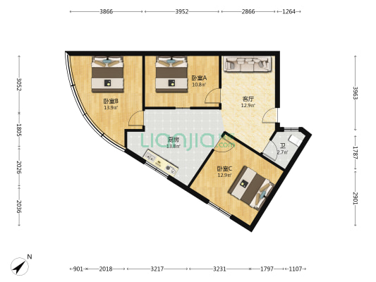 阳光小区 3室1厅1卫 85平方