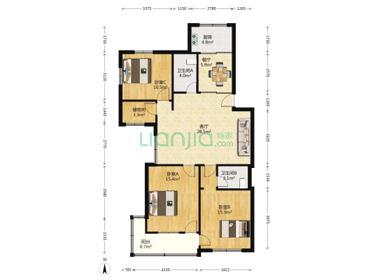 月渡新村 3室2厅2卫 120平方