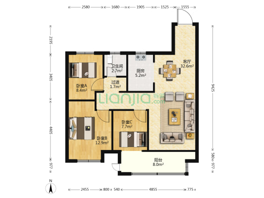 吾悦和府北区 3室1厅1卫 107平方