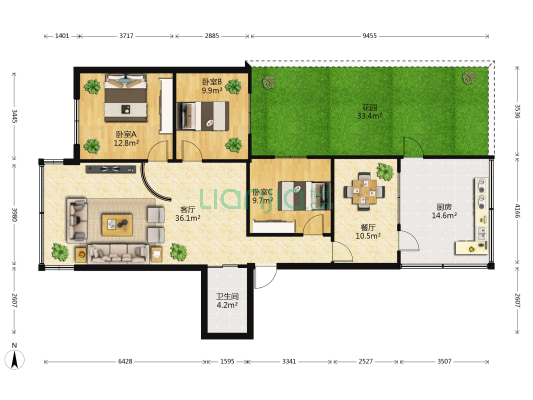 金碧雅园 3室2厅1卫 117平方