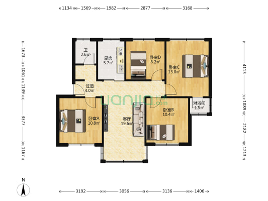 电子五所宿舍 4室1厅2卫 93平方