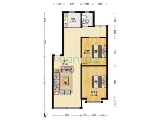 九龙花园 2室1厅1卫 90平方