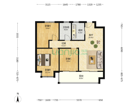 保利自在海 3室1厅1卫 89平方