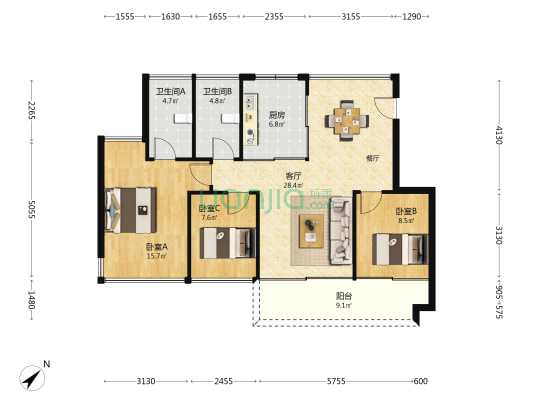 观海200里 3室1厅2卫 94平方