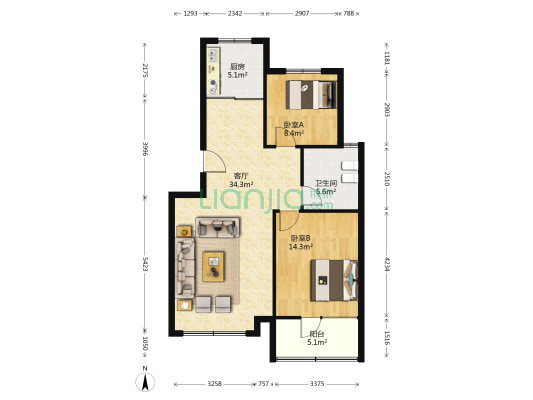 飞宇·水郡康庭 2室1厅1卫 90平方