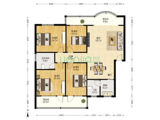 园湖南路34号 4室1厅2卫 141平方