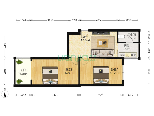 中道街99号 2室1厅1卫 57平方