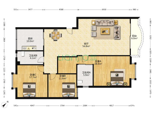 国泰广场 3室1厅2卫 159平方