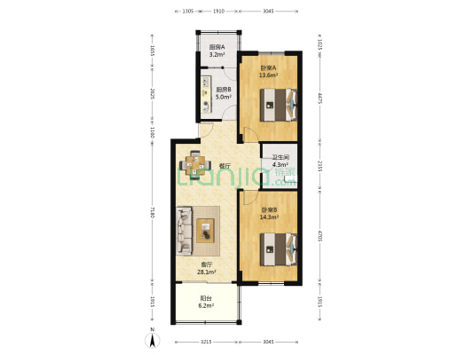 天湖花园 2室1厅1卫 84平方