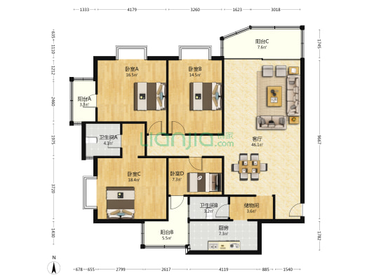 竣为公寓 4室1厅2卫 162平方