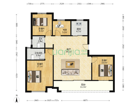 中梁德信峰荟里 4室1厅2卫 129平方