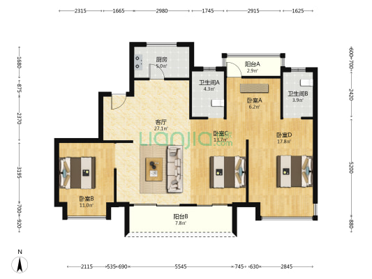 润欣华庭 4室1厅2卫 135平方