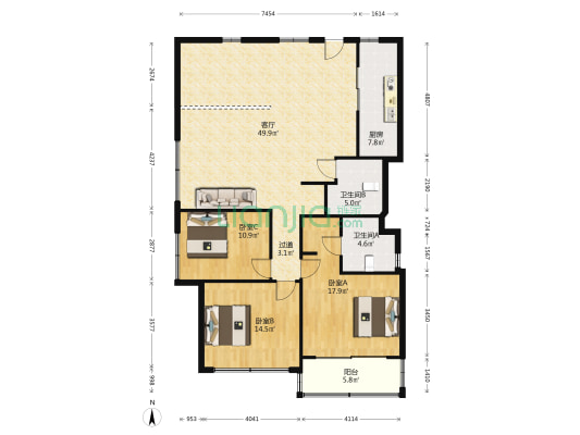 金开利大楼 3室1厅2卫 162平方
