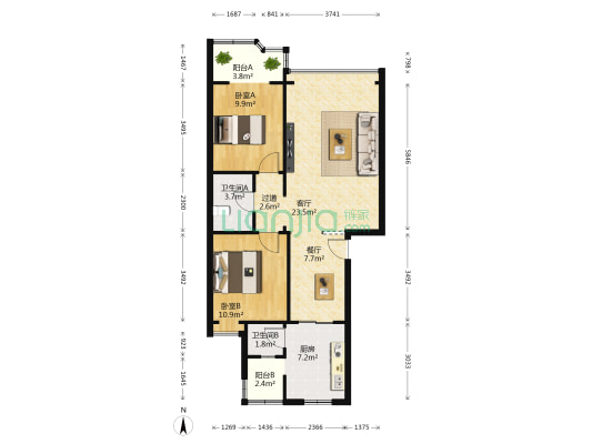华民逸园 2室2厅2卫 88平方