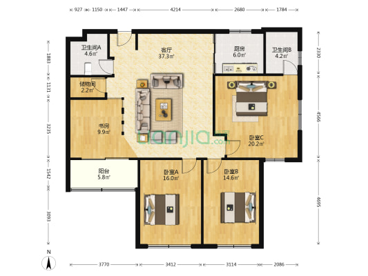 广电大厦 4室1厅2卫 157平方