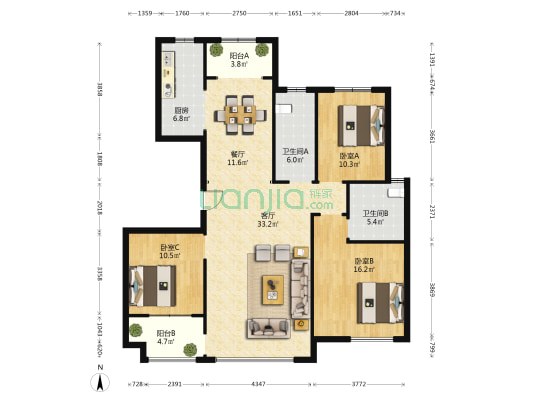 龙海原著 3室2厅2卫 150平方