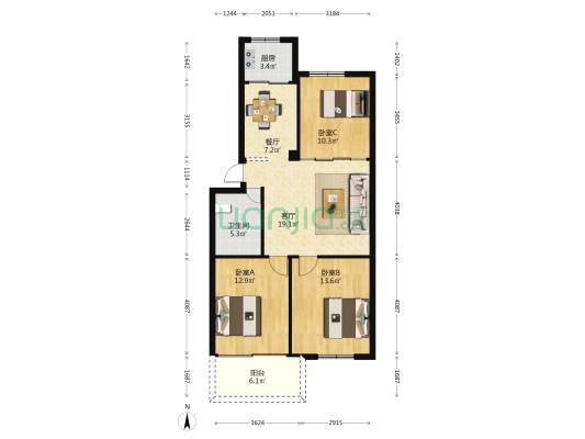闽澳花园 3室2厅1卫 97平方