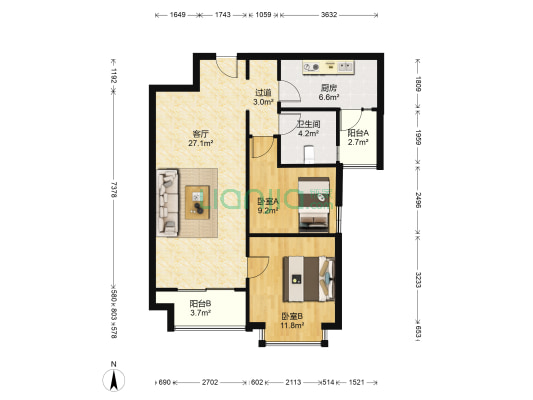 恒大绿洲二期 2室1厅1卫 89平方