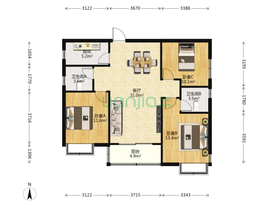 名仕康城二期 3室1厅2卫 113平方