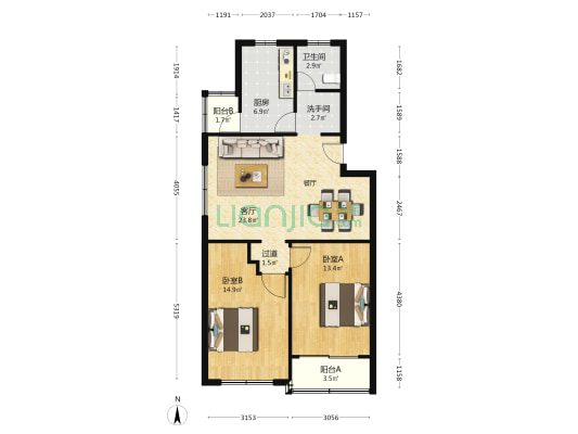 电力公寓 2室1厅2卫 88平方
