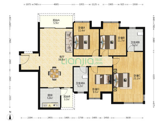 保利花园(1/2期) 4室1厅2卫 139平方
