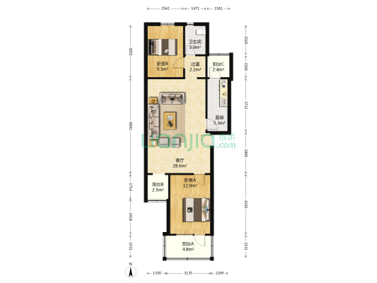 德露苑 2室1厅1卫 90平方
